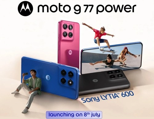 Moto G77 Power phones in blue, pink, and black.
