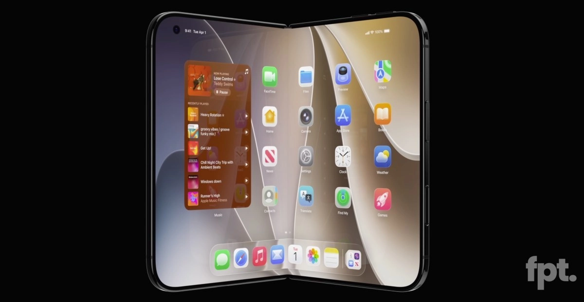 Foldable iPhone concept with multiple apps displayed.