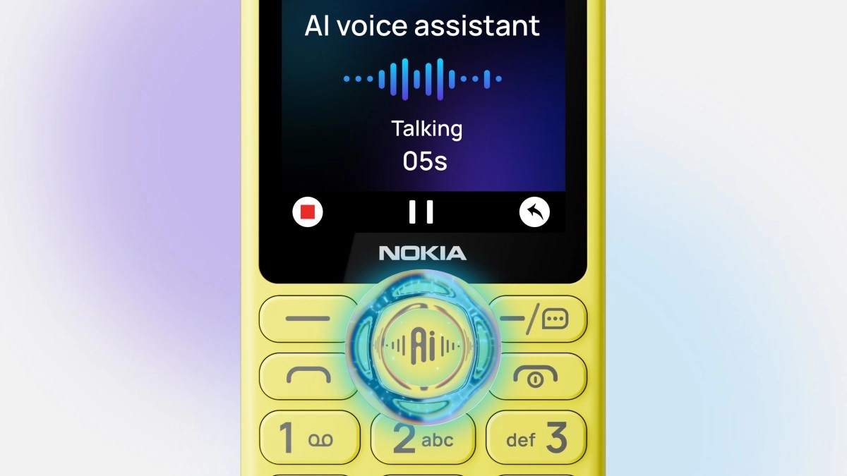 Yellow Nokia feature phone with AI voice assistant.