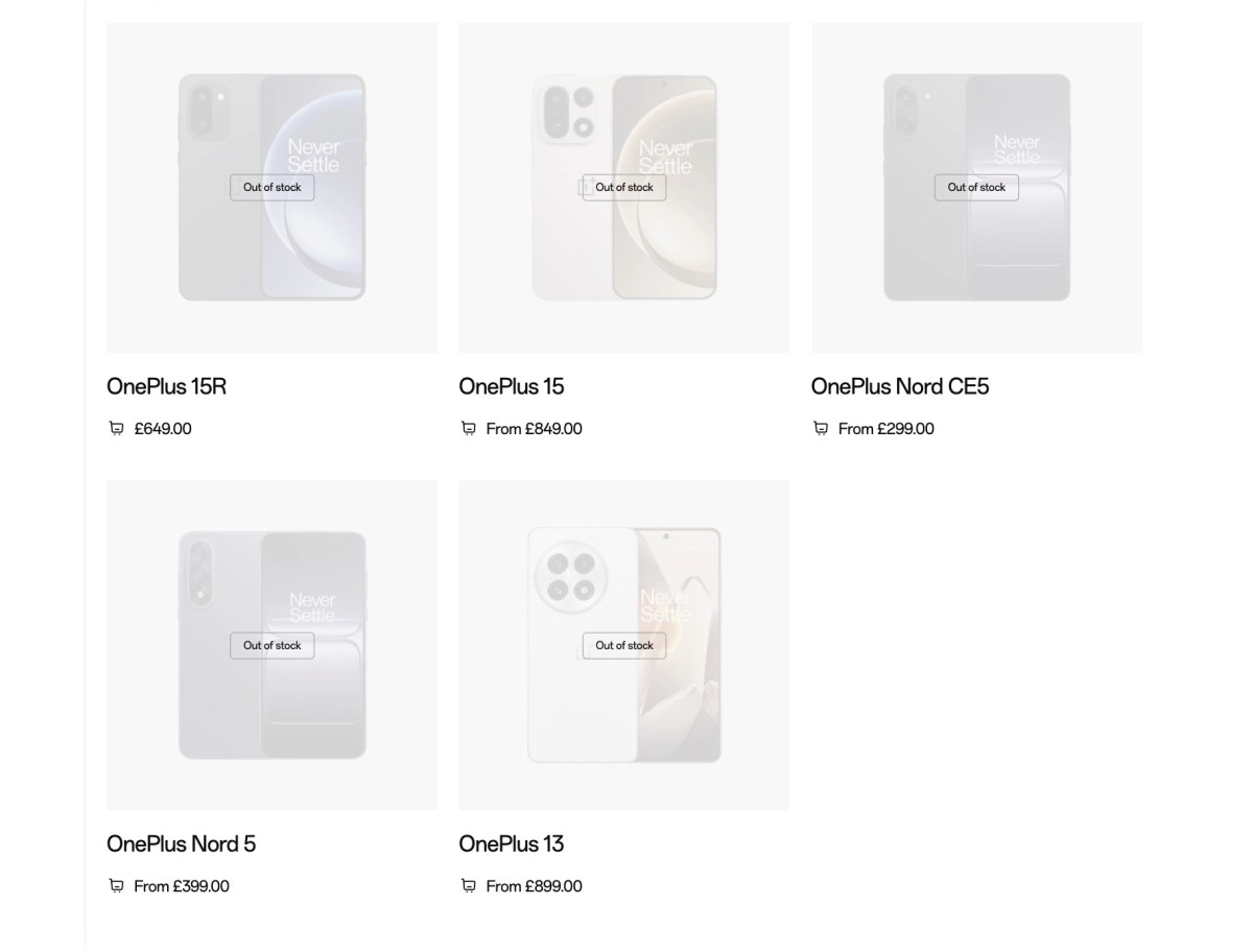 OnePlus phones out of stock, prices shown.