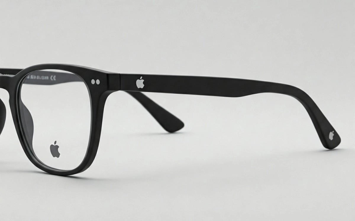 Black Apple smart glasses with Apple logo.