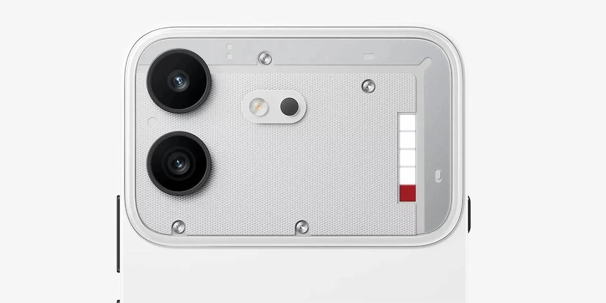Nothing Phone (4b) rear, dual cameras, red Glyph Bar.