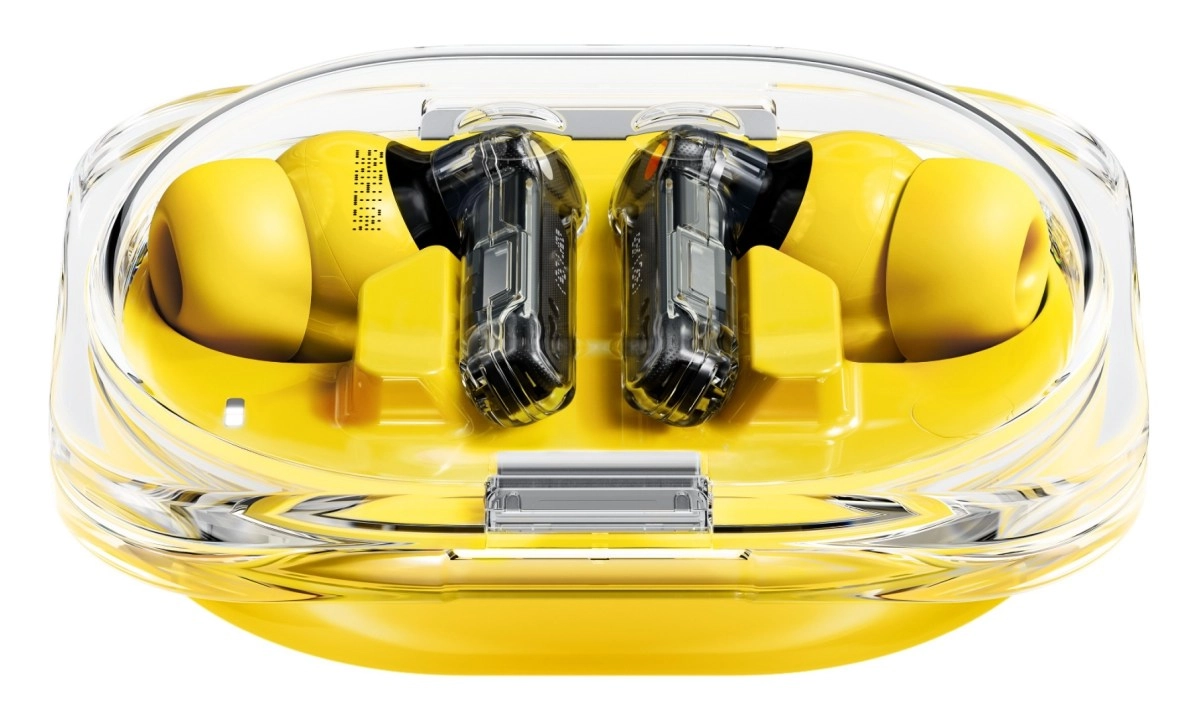 Yellow Nothing Ear (3a) earbuds in transparent case.