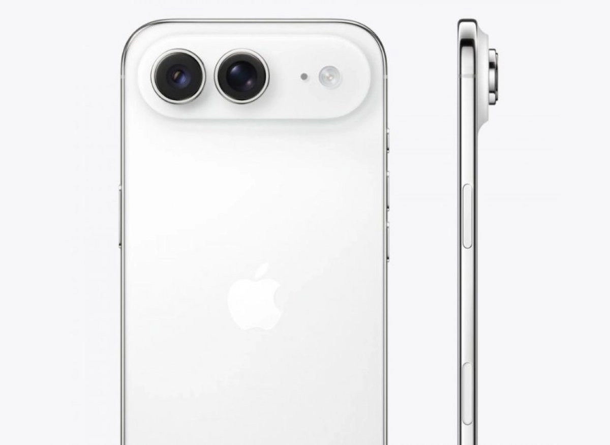 White iPhone with dual camera and Apple logo.