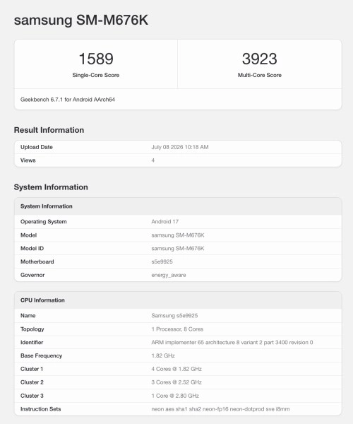 Samsung SM-M676K Geekbench scores and specs.