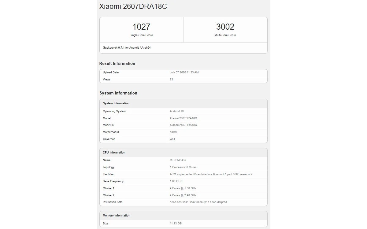 Geekbench scores for Xiaomi 2607DRA18C.
