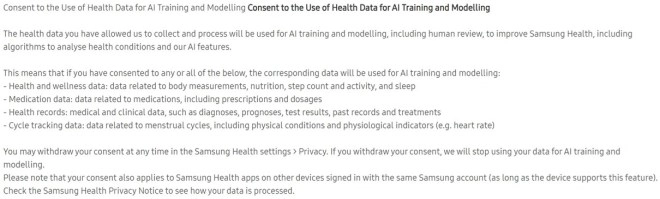 Samsung Health AI training consent details