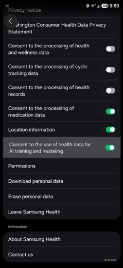 Samsung Health AI training consent toggled on.