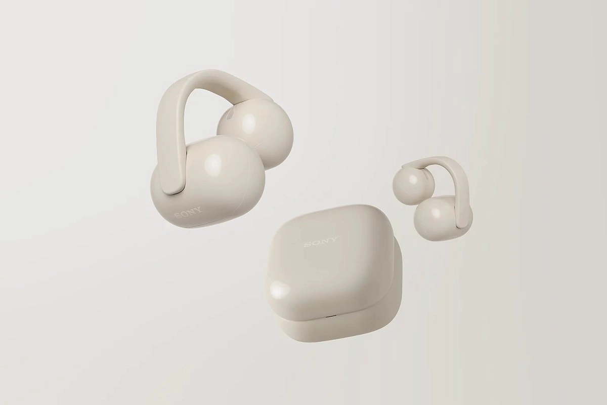 Sony LinkBuds Clip earbuds and charging case.