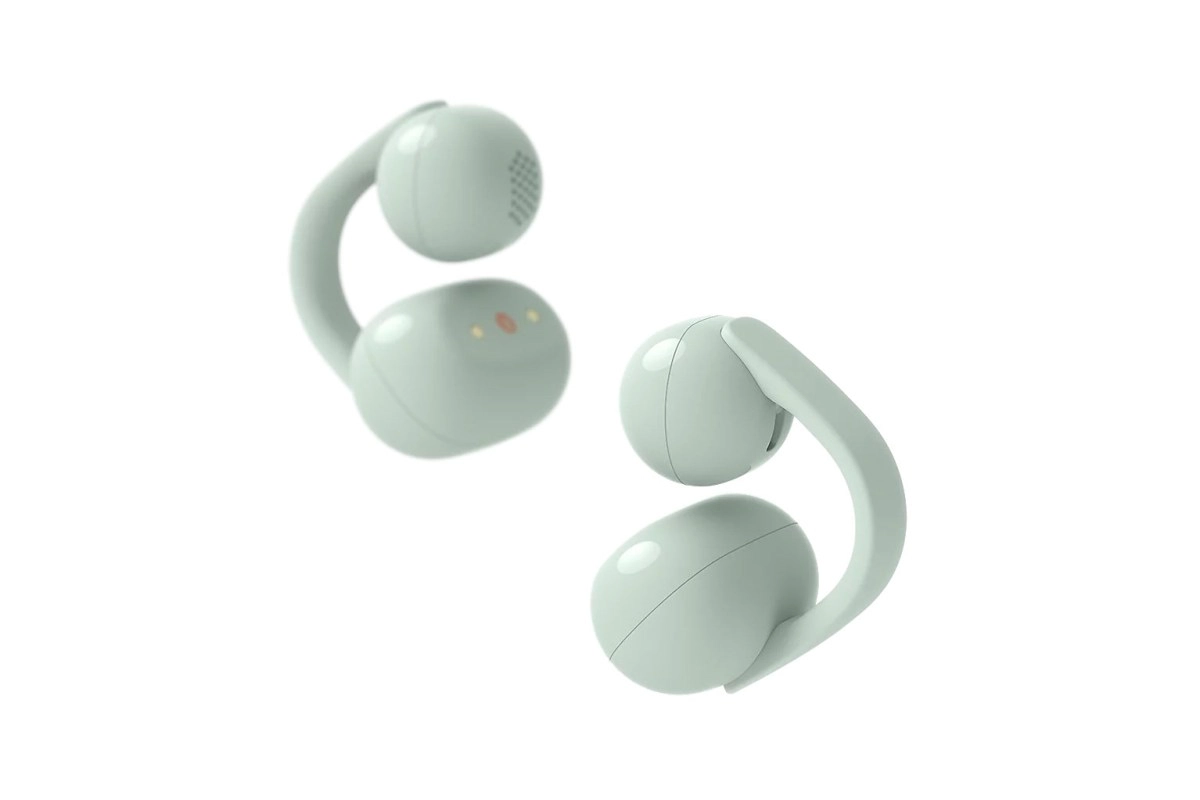 Sony LinkBuds Clip light green wireless earbuds.