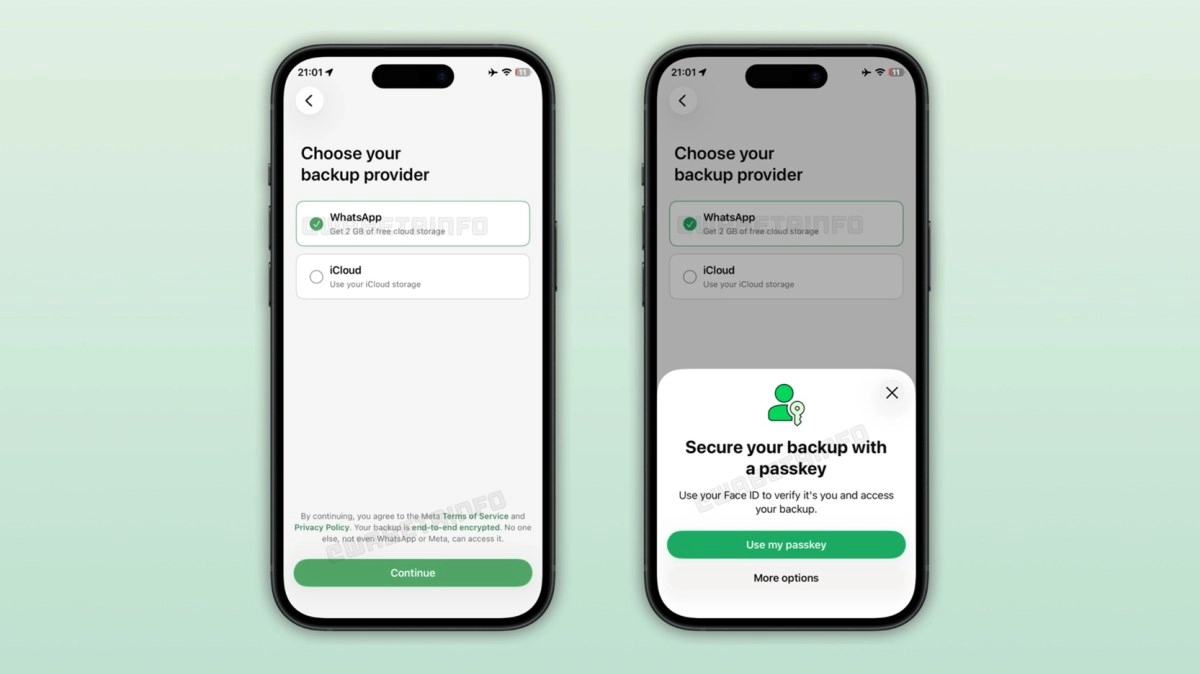 WhatsApp iOS encrypted cloud backup selection screen.