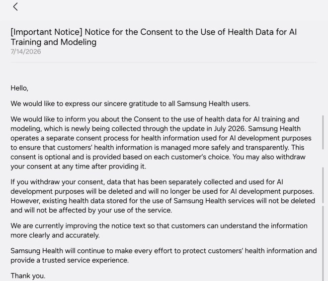Samsung Health AI data training consent notice