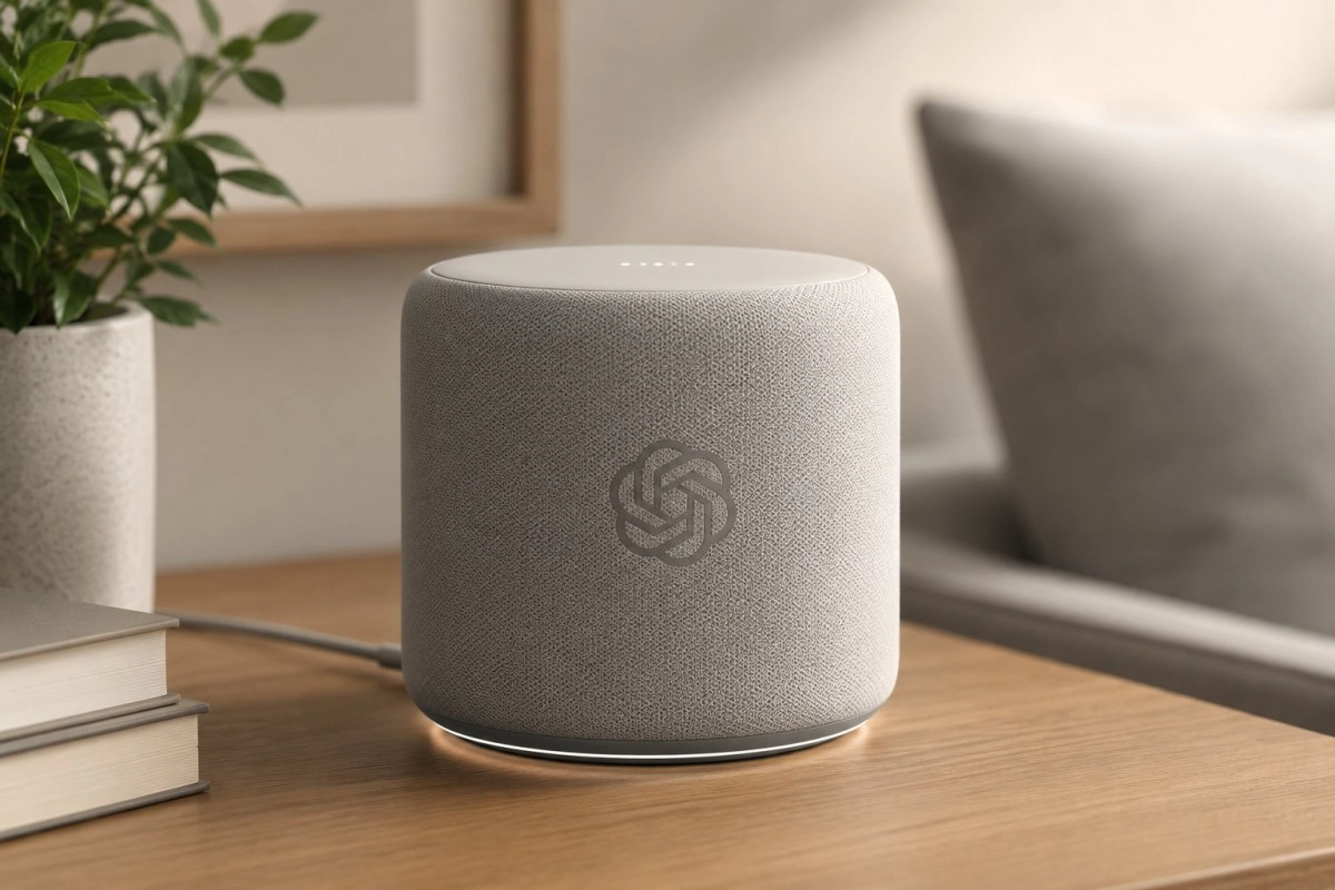 OpenAI smart speaker with logo on table.