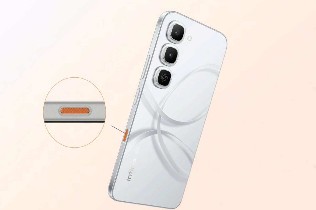 White Infinix Hot 70 Pro with close-up on button.