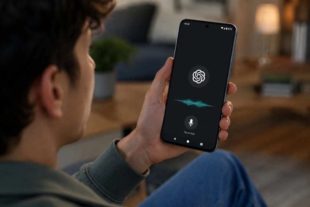 Person holding phone with AI assistant interface.