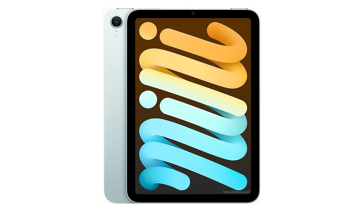 Light blue iPad mini with colorful wallpaper.