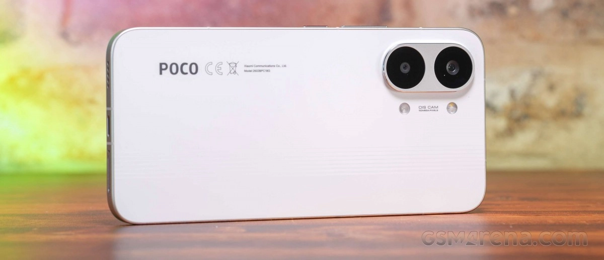 White Poco X8 phone back, dual OIS camera.