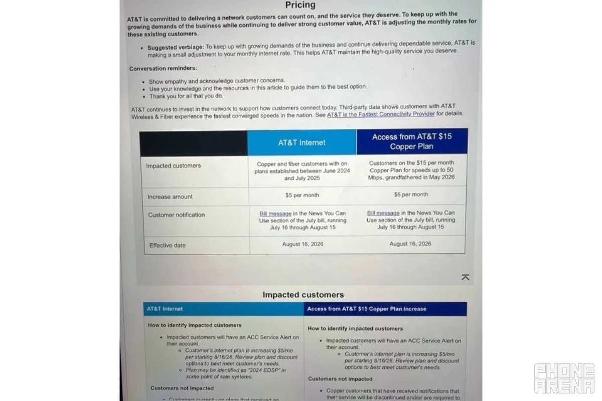 AT&T pricing table shows internet rate increase.