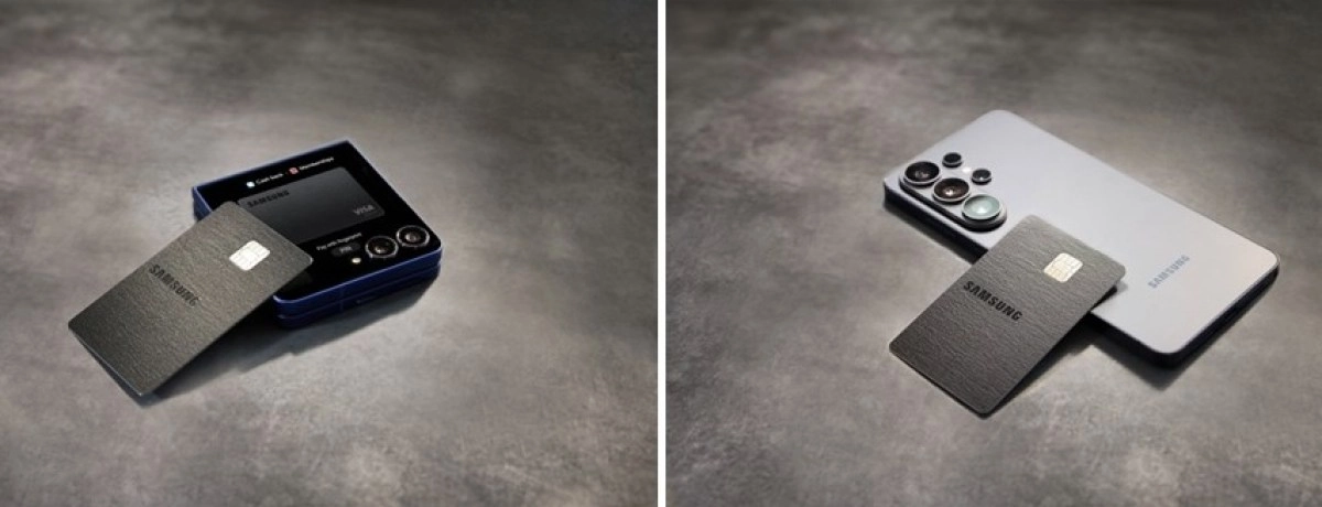 Samsung card with foldable phone and smartphone.