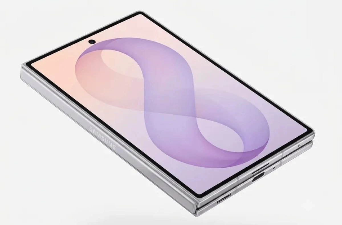 Wide silver Samsung Galaxy Z Fold8 render.