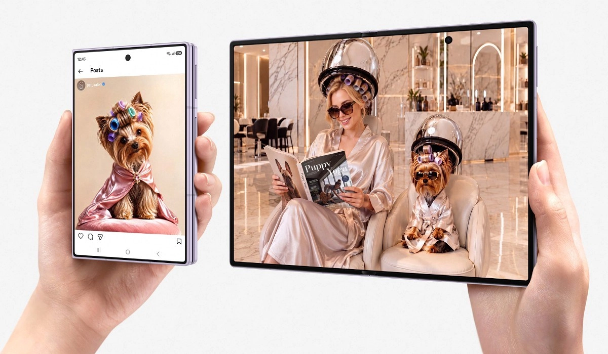 Samsung Galaxy Z Fold8 shows dog, spa, and magazine.
