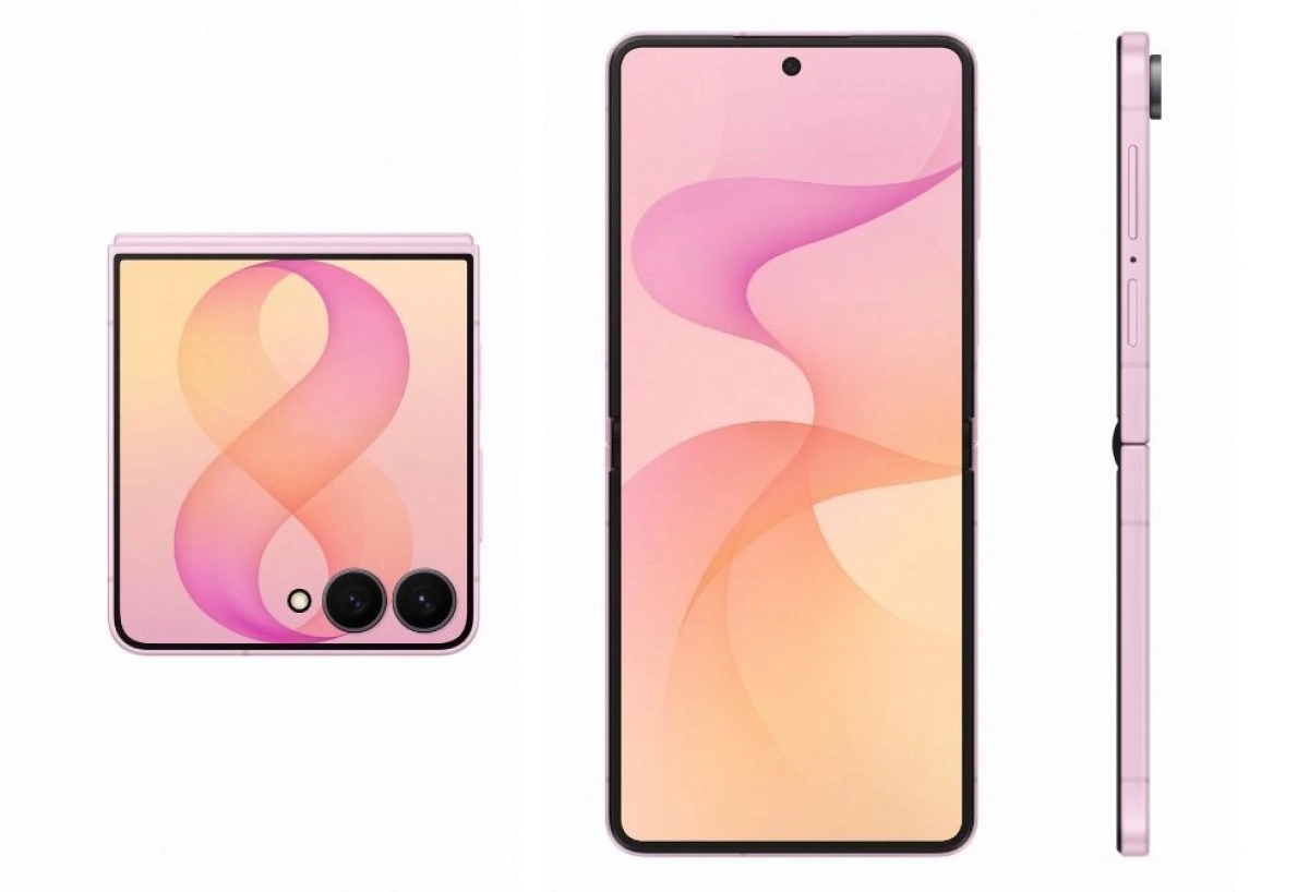 Samsung Galaxy Z Flip8 pink, folded, unfolded, side view.