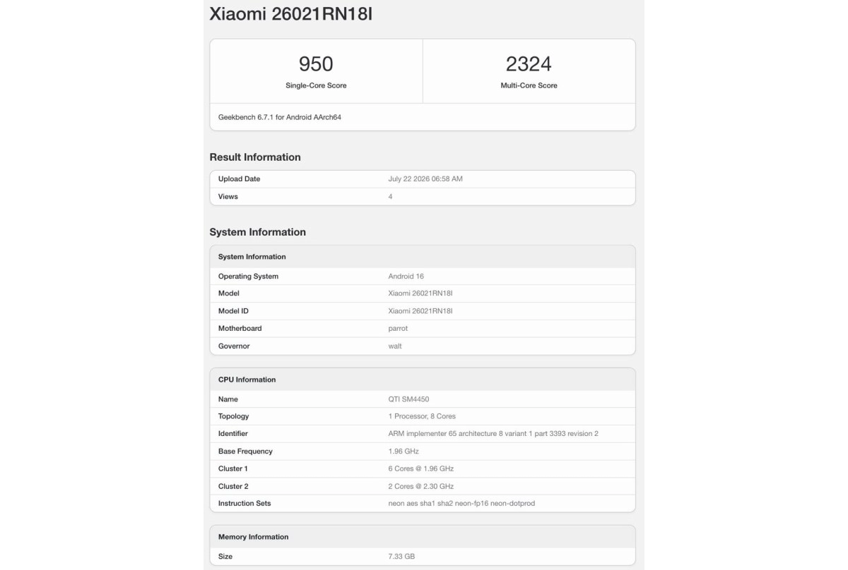 Redmi Note 17 Geekbench scores and RAM.