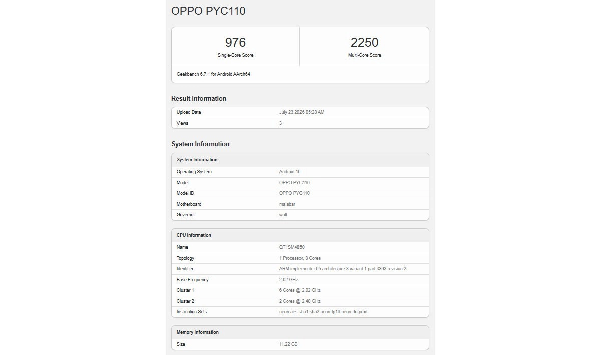 Oppo PYC110 Geekbench score and specs.