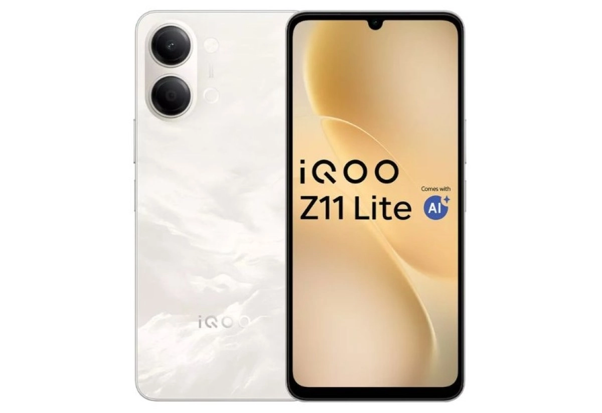 White iQOO Z11 Lite smartphone with dual cameras.