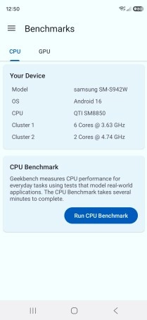 Geekbench Android app showing CPU benchmark details.