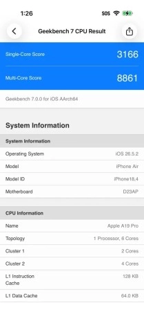 Geekbench 7 CPU scores for iPhone Air A19 Pro.