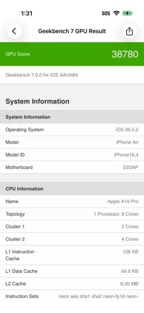 Geekbench 7 GPU score 38780 for iPhone Air.