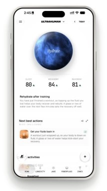 Ultrahuman app's new interface with status and suggestions.