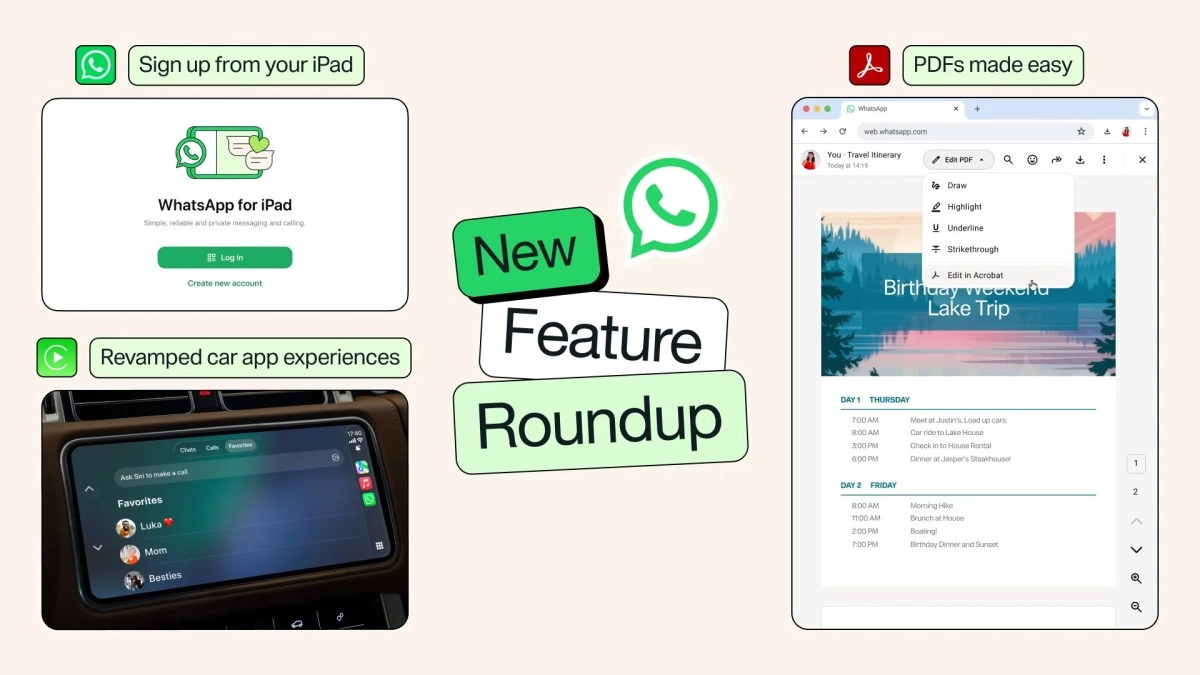 WhatsApp iPad signup, car experience, PDF editing features.