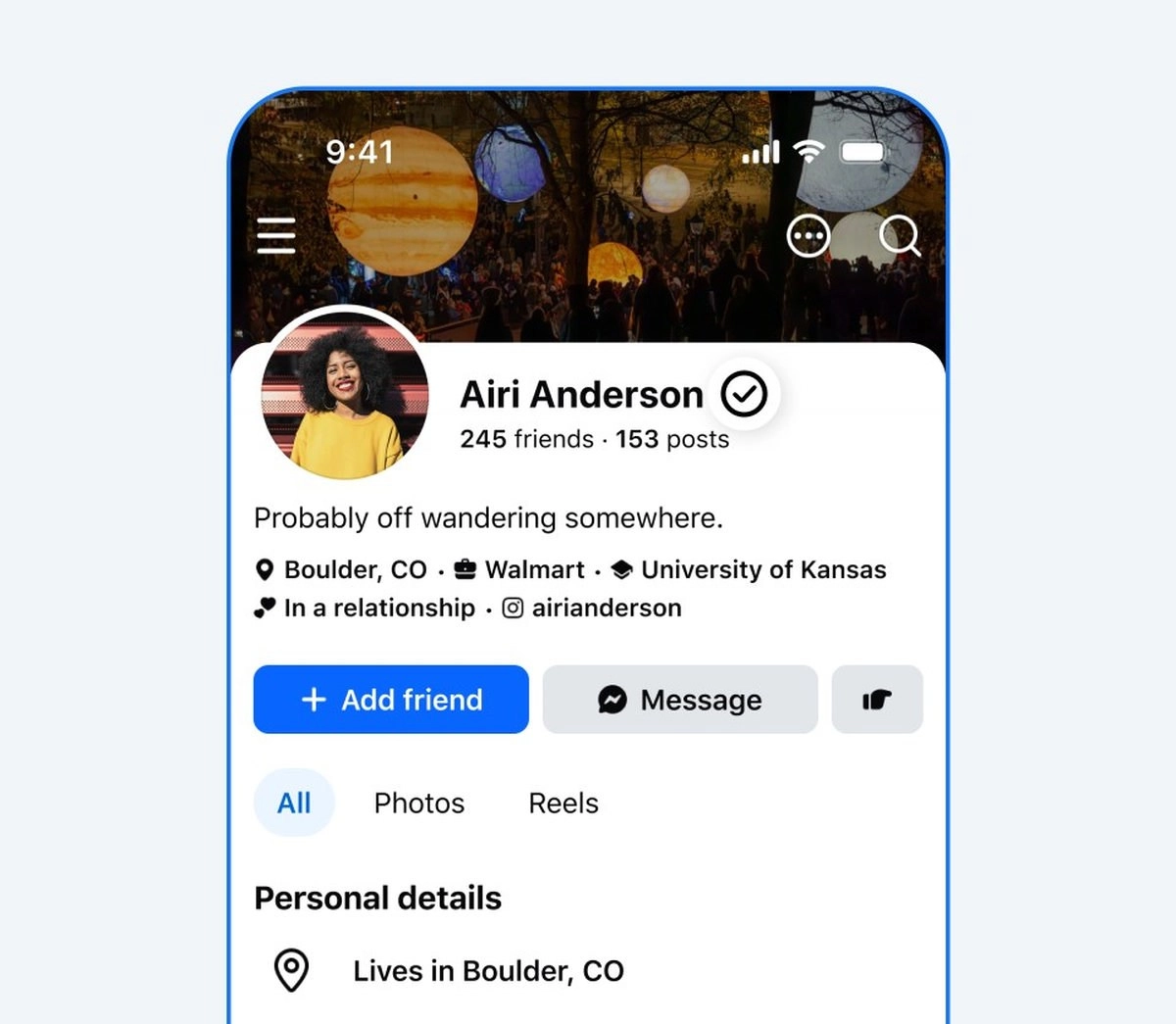 Facebook verified profile badge on Airi Anderson's page.
