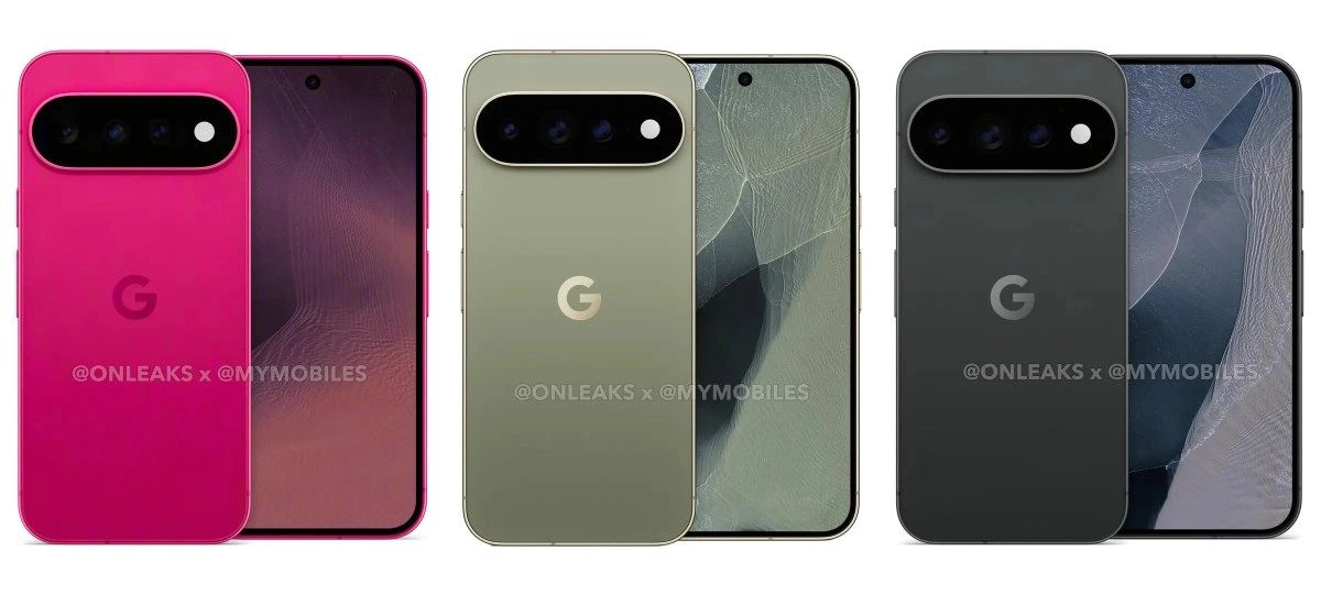 Three Google Pixel phones in different colors.