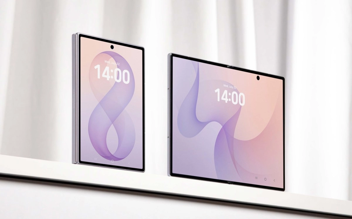 Foldable Galaxy phones showing time and date.
