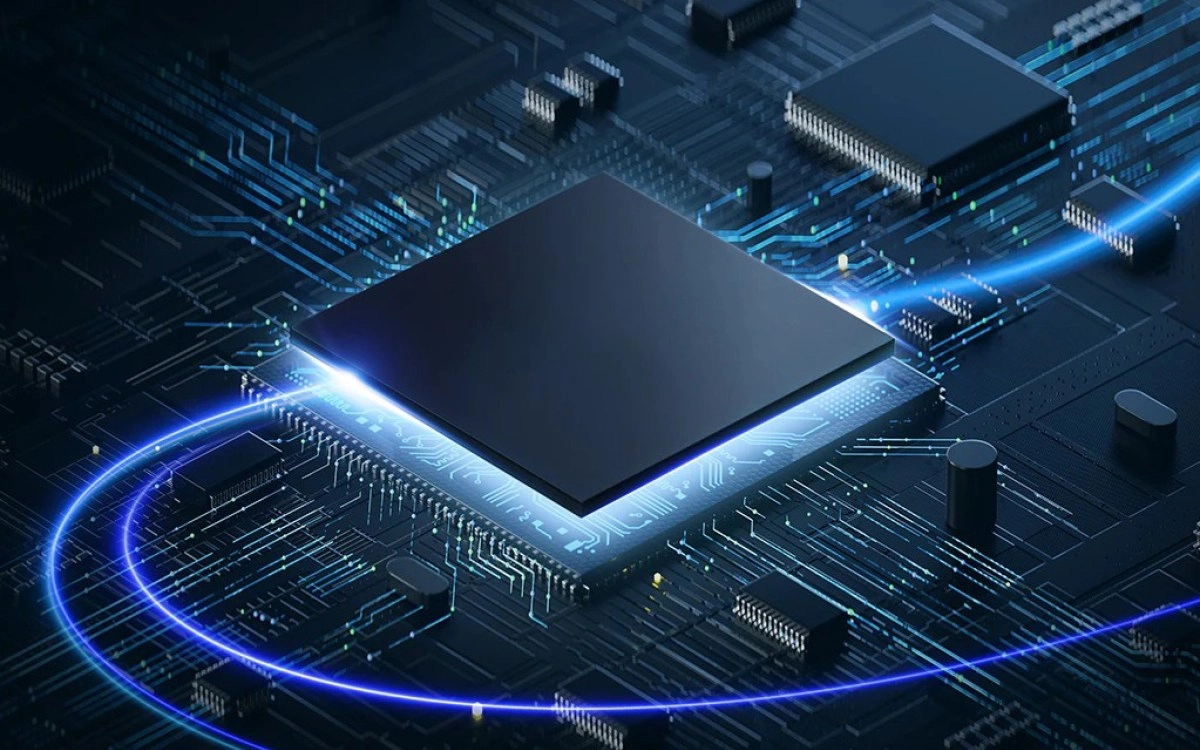 Smartphone chipset with glowing blue data lines