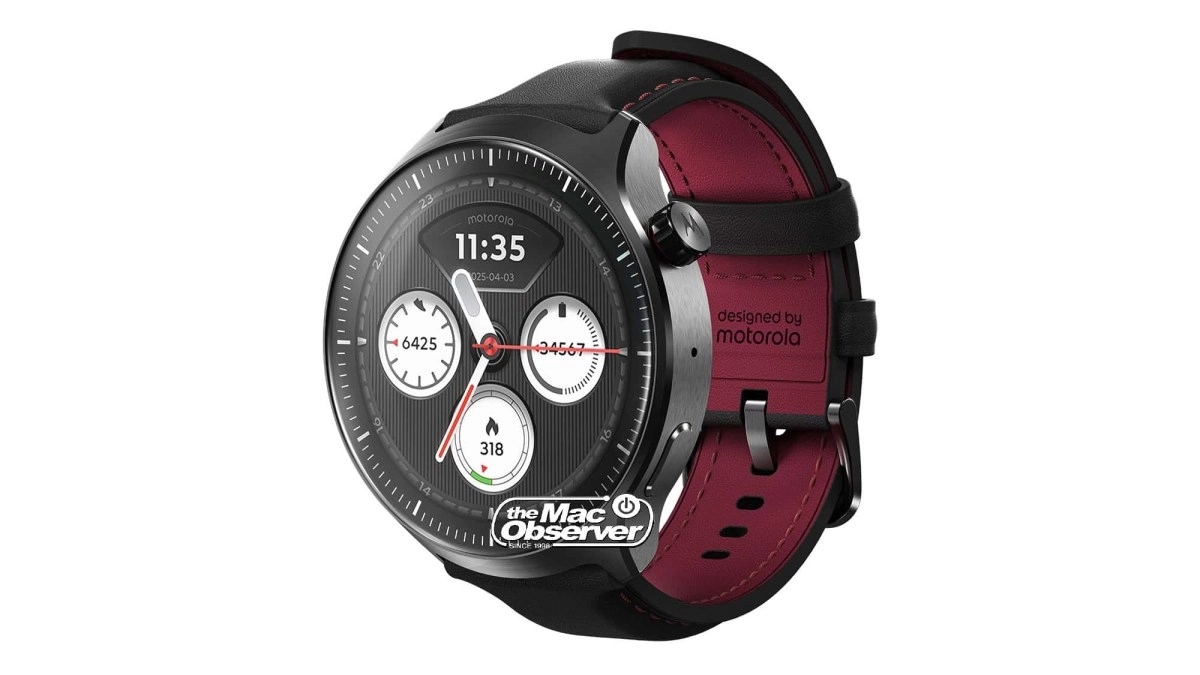 Motorola Watch Ultra render with red leather strap.