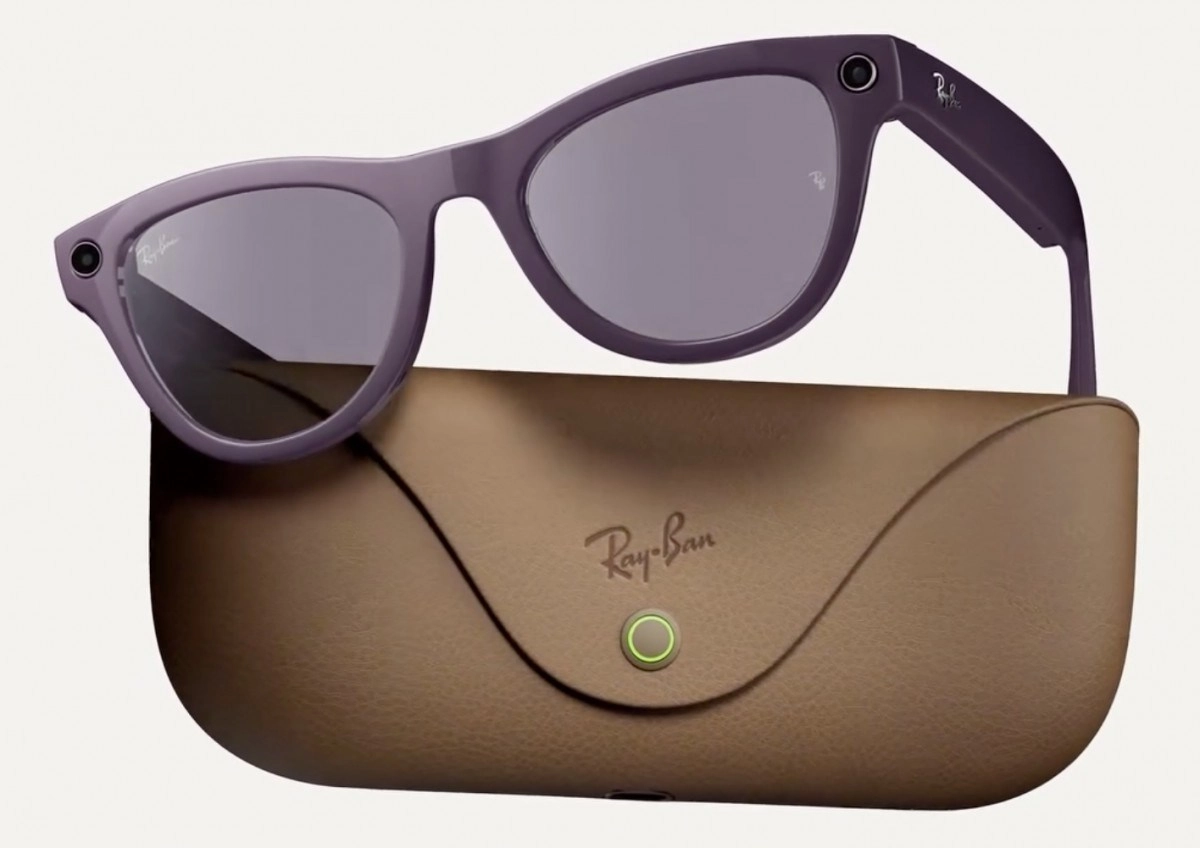 Purple smart glasses with Ray-Ban case.