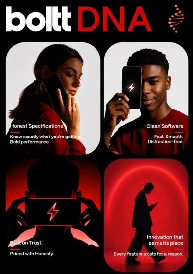 Boltt DNA smartphone launch ad with key features.