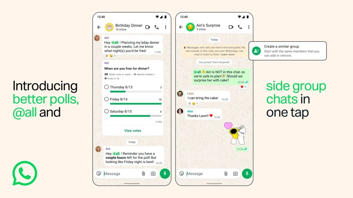 WhatsApp group chats with polls and @all feature.