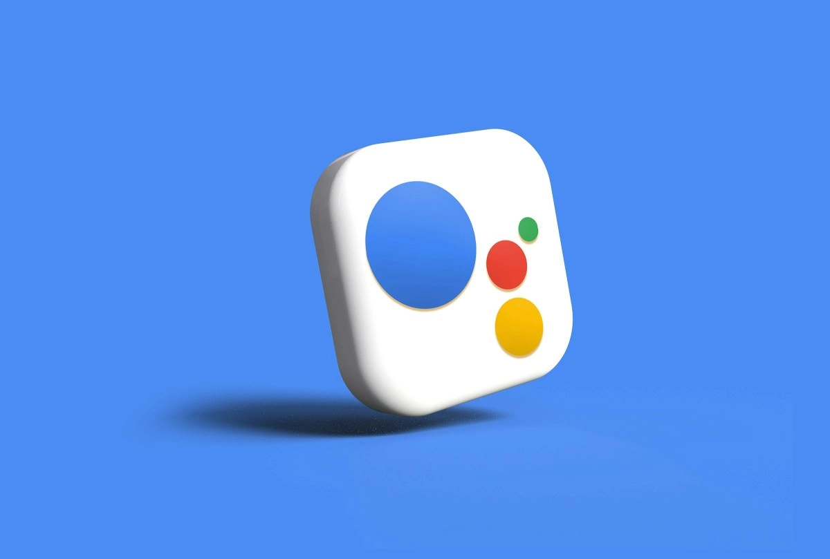 Google Assistant logo with colored dots on blue.