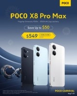 POCO X8 Pro Max phone with sale and carnival branding.