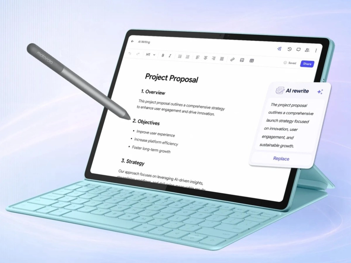 Motorola tablet with stylus and AI writing feature.