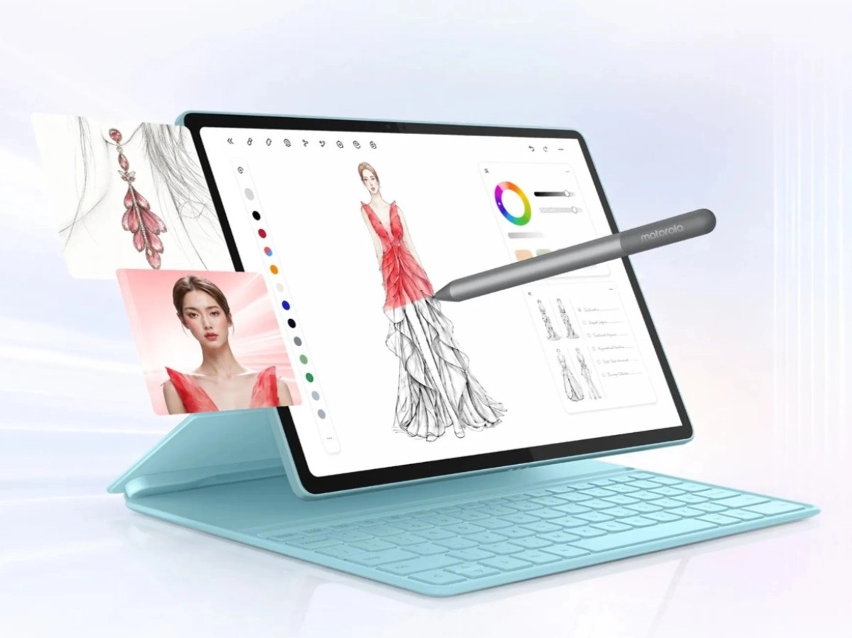 Motorola tablet with stylus and keyboard.