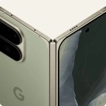 Pale green Google Pixel Fold phone partially folded