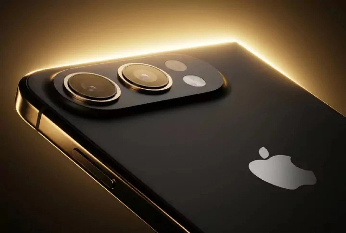 Black iPhone Ultra design, triple camera, gold accents.
