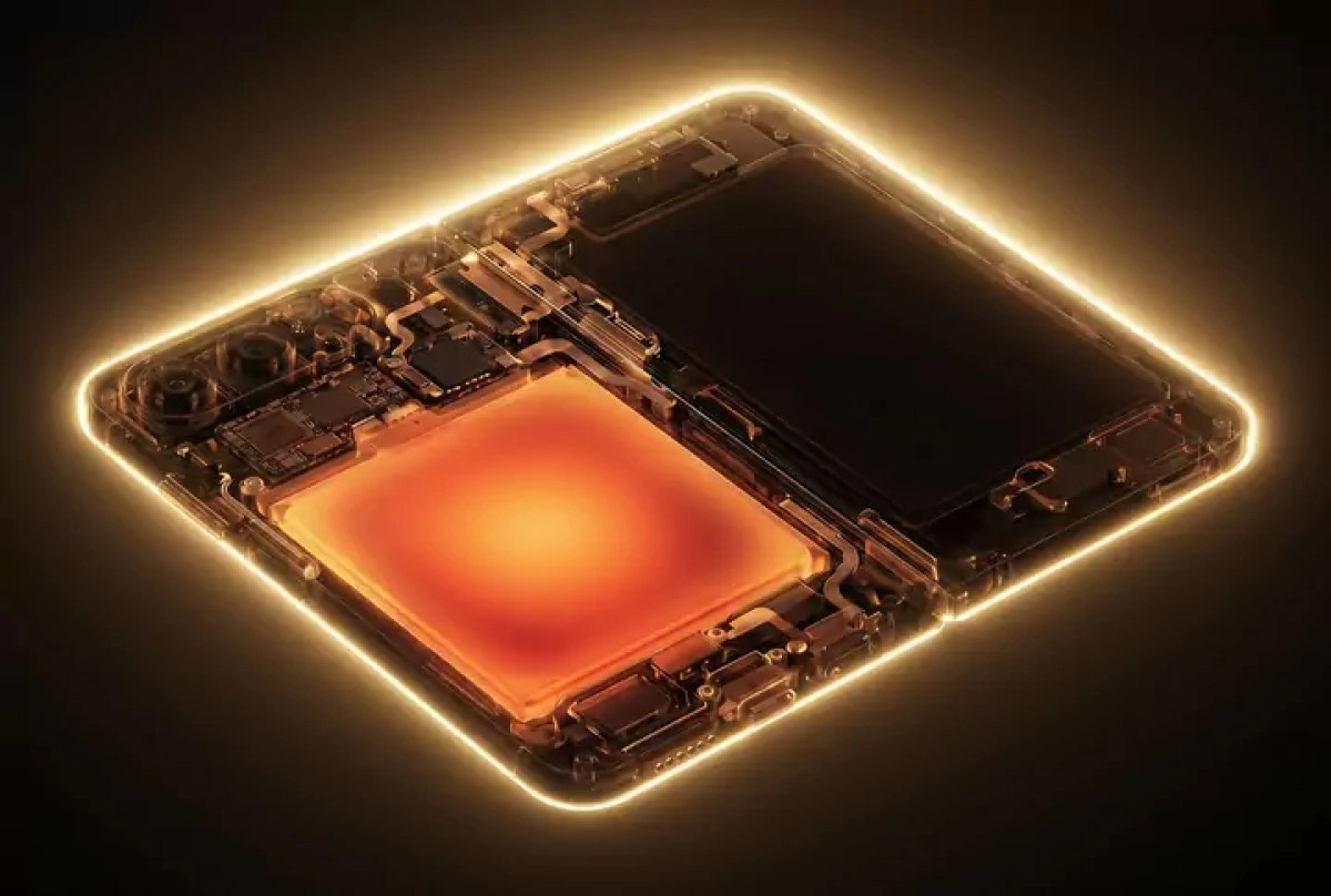 Smartphone internal components, glowing outline, and orange area.
