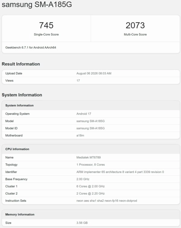 Samsung Galaxy A185G Geekbench scores and specs.